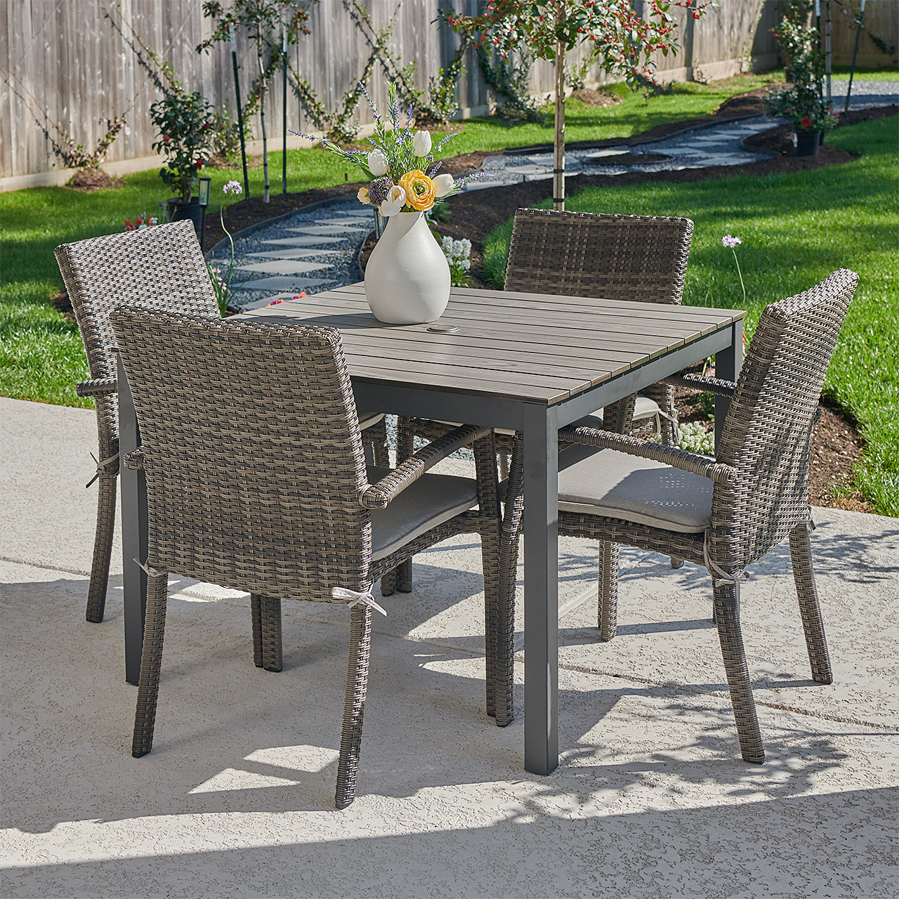 Contempo Husk Outdoor Wicker with Cushions 5 Pc. Dining Set + 41 in. Sq. Table