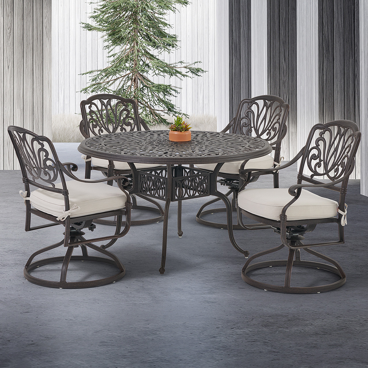 Cadiz Aged Bronze Cast Aluminum with Cushions 5 Piece Swivel Dining Set + 48 in. D Table