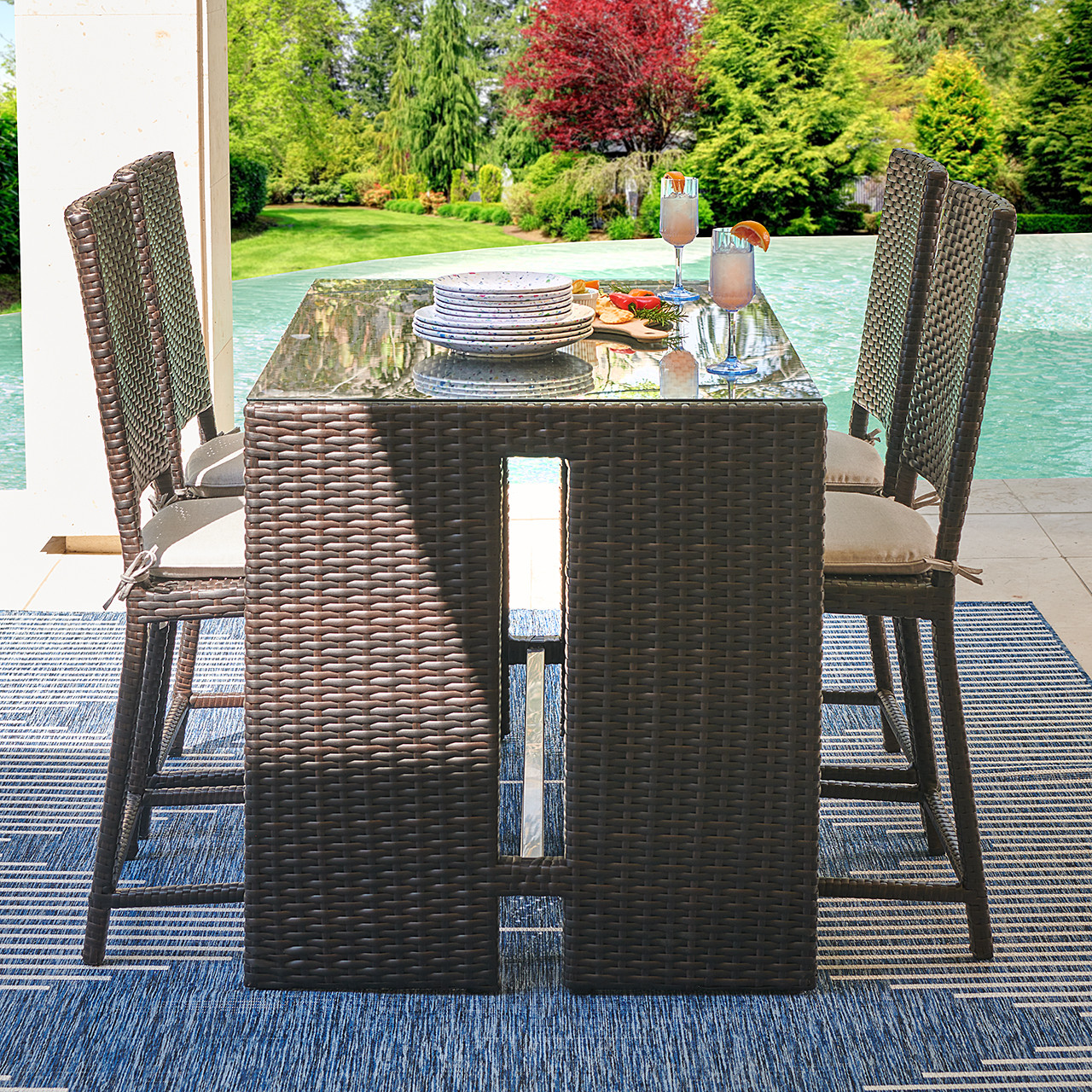 Terrace Outdoor Wicker with Cushions 5 Pc. Gathering Set + 50 x 32 in. Glass Top Table