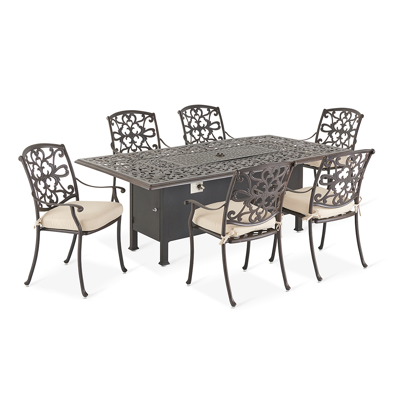 Carlisle Aged Bronze Cast Aluminum and Cushion 7 Pc. Dining Set with 84 x 44 in. Fire Pit Table