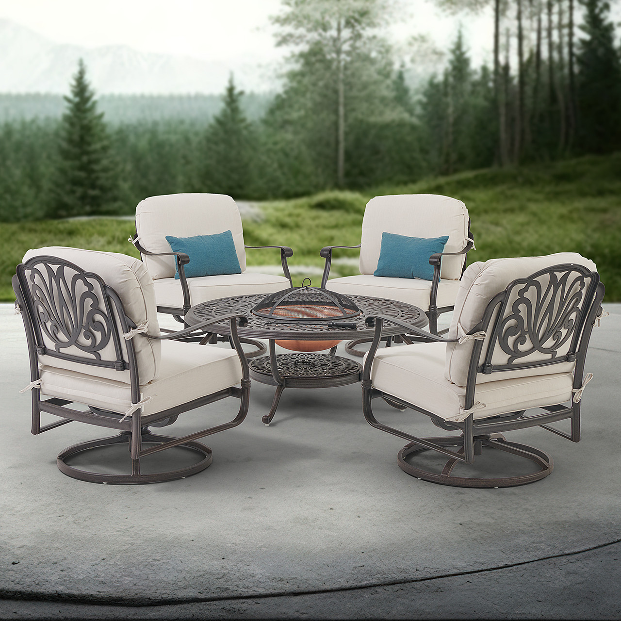 Cadiz Aged Bronze Cast Aluminum with Cushions 5 Piece Swivel Chat Group + 48 in. D Fire Pit Table