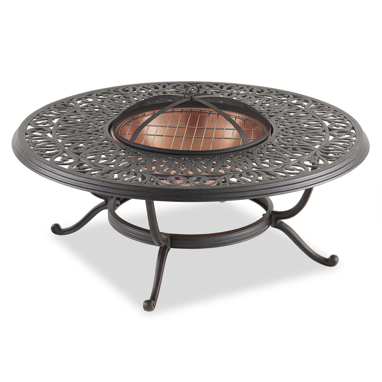 Cadiz Aged Bronze Cast Aluminum with Cushions 5 Piece Swivel Chat Group + 48 in. D Fire Pit Table