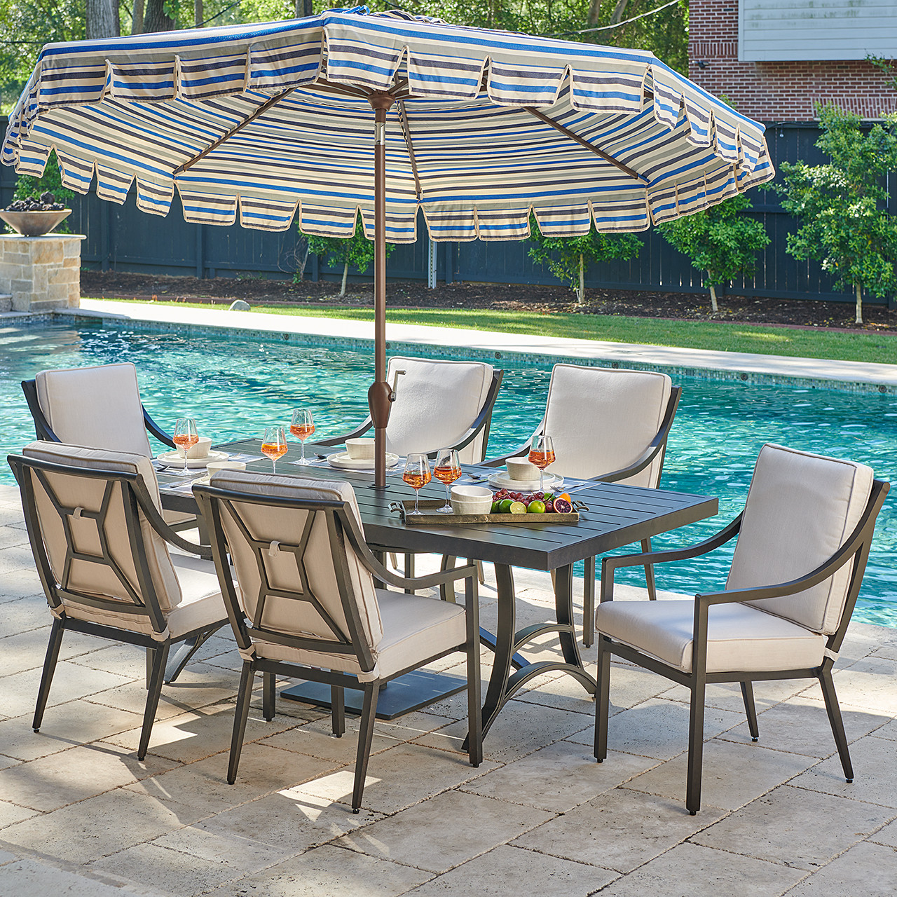 Hill Country Aged Bronze Aluminum with Cushions 7 Piece Dining Set + 84 x 42 in. Table