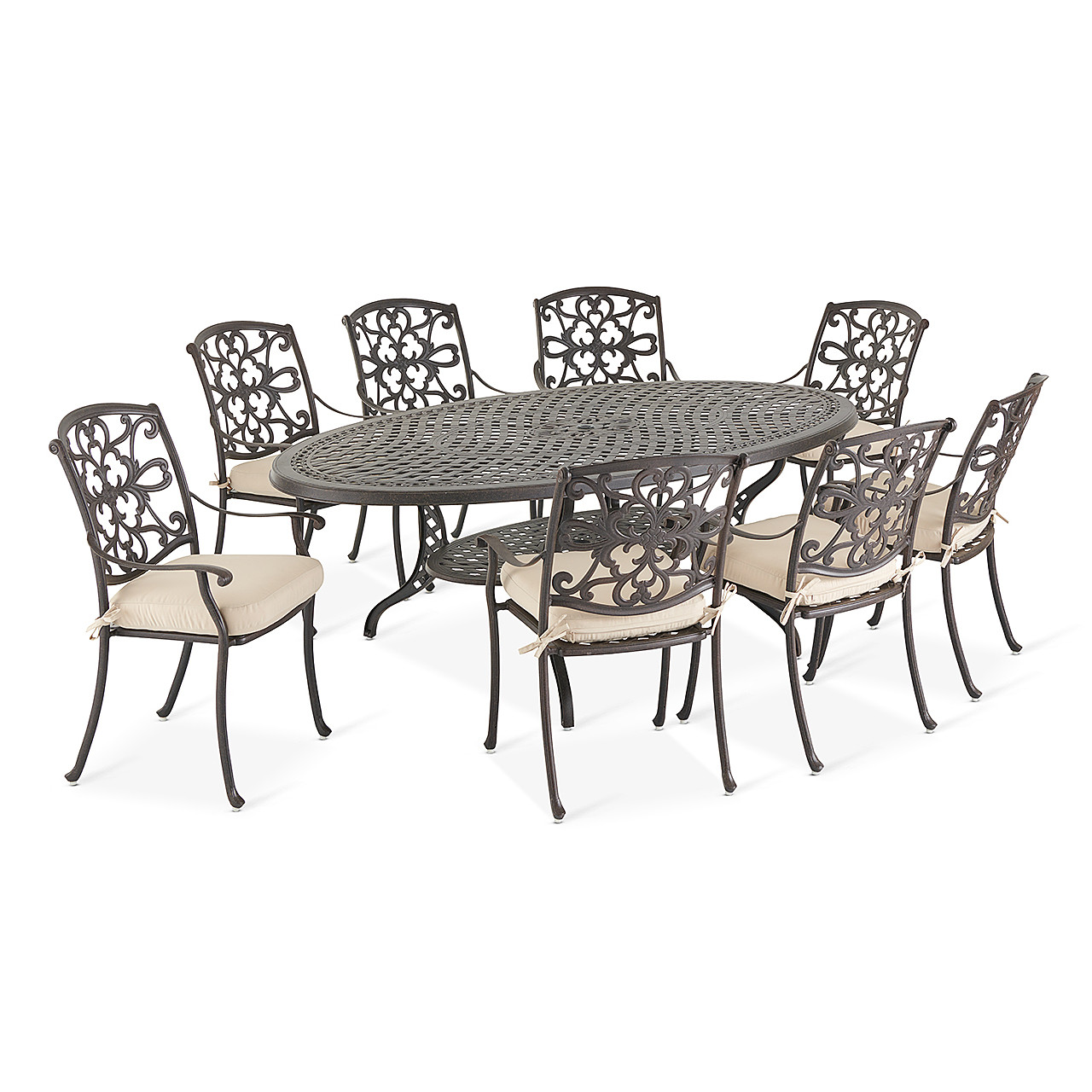 Carlisle Aged Bronze Cast Aluminum and Cushion 9 Pc. Dining Set with 87 x 48 in. Table