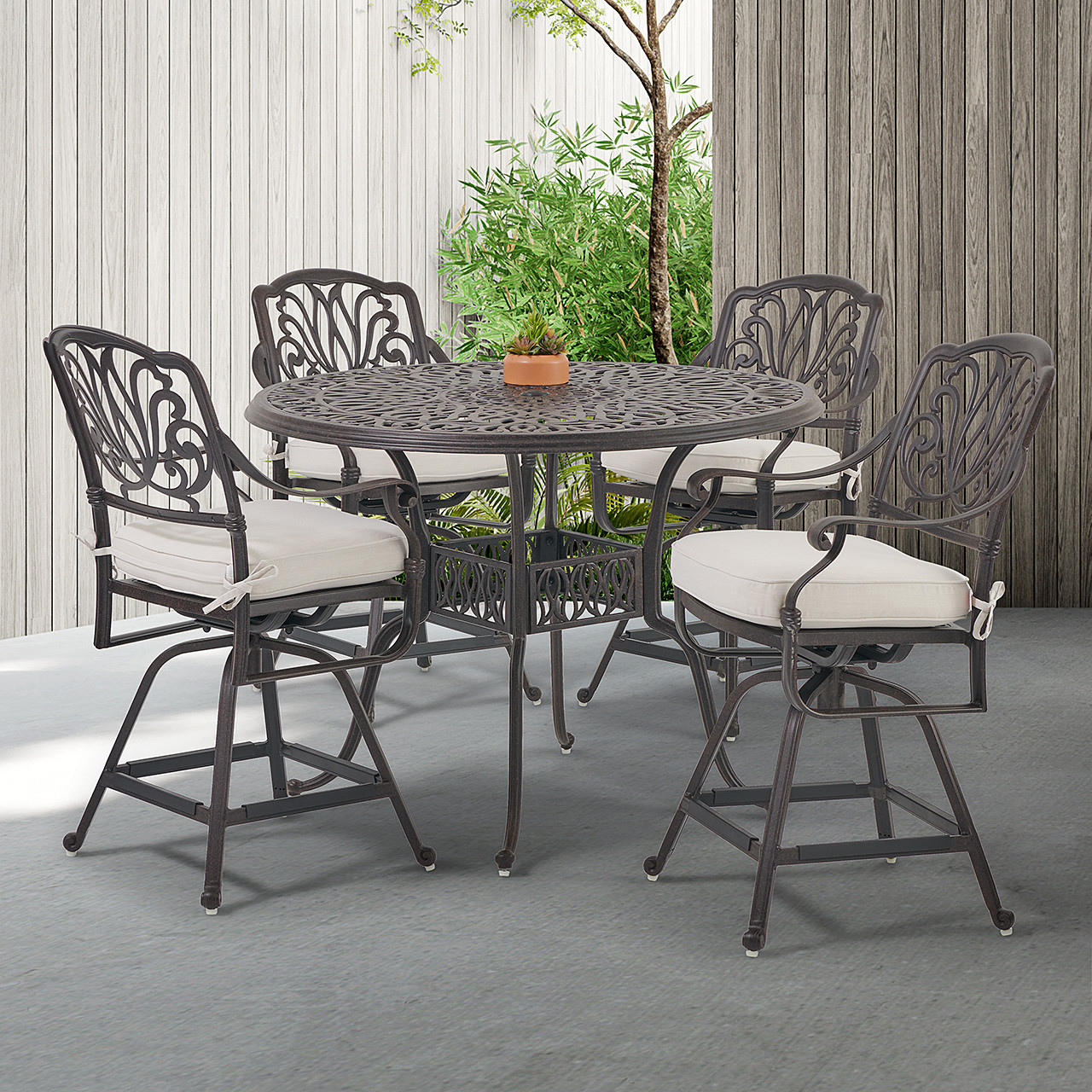 Cadiz Aged Bronze Cast Aluminum and Cushion 5 pc. Gathering Height Dining Set with 48 in. D Table