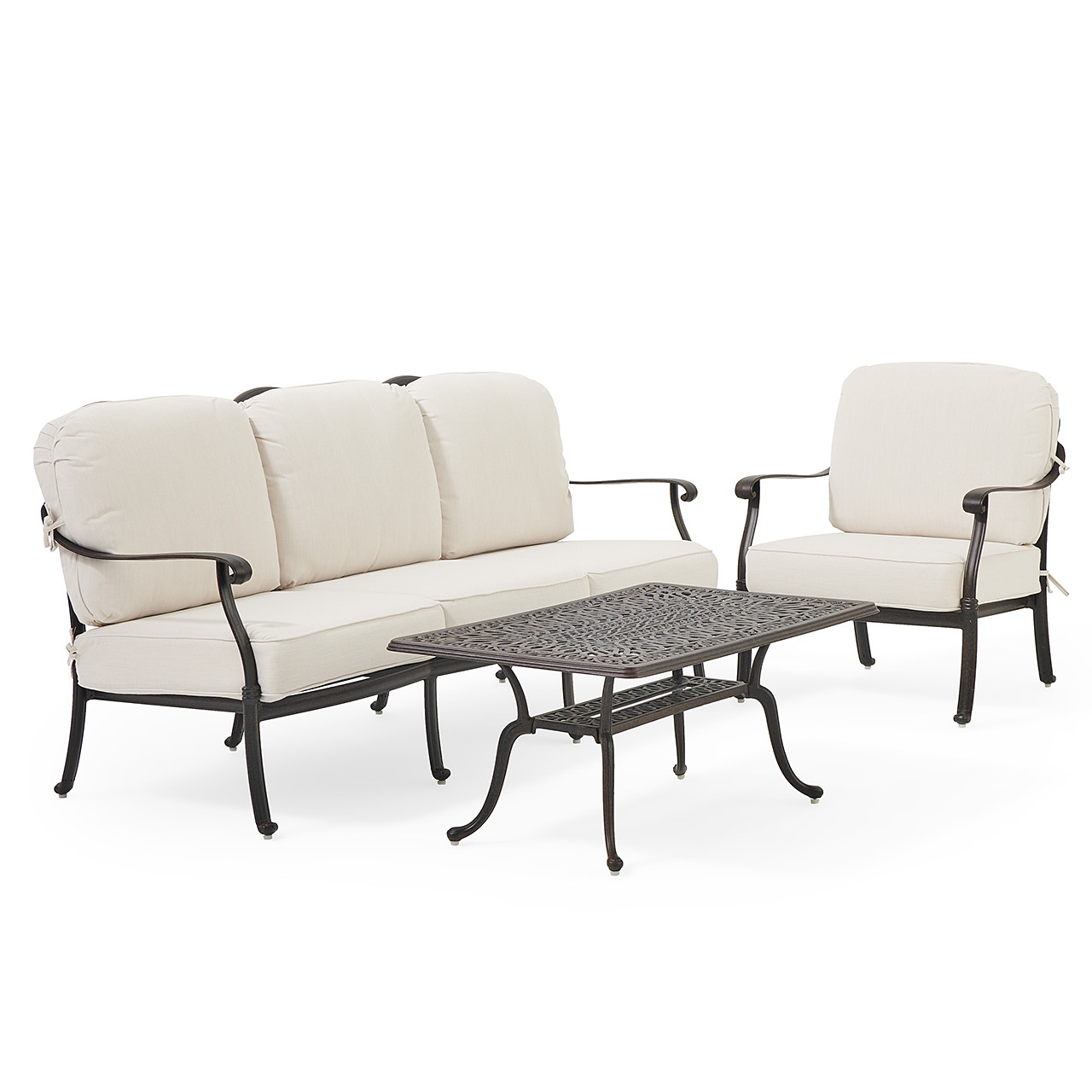 Cadiz Aged Bronze Cast Aluminum with Cushions 3 Piece Sofa Group + 42 x 26 in. Coffee Table
