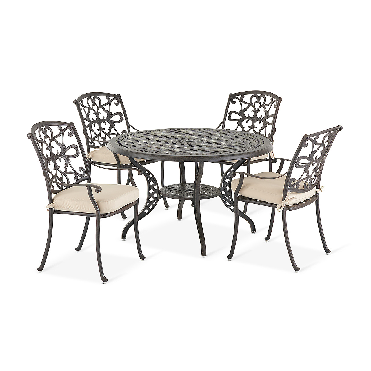 Carlisle Aged Bronze Cast Aluminum and Cushion 5 Pc. Dining Set with 48 in. D Table