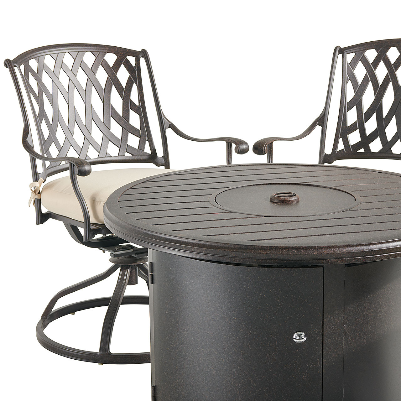 Tivoli Aged Bronze Cast Aluminum with Cushions 5 Piece Swivel Chat Set with 36 in. D Fire Pit Table