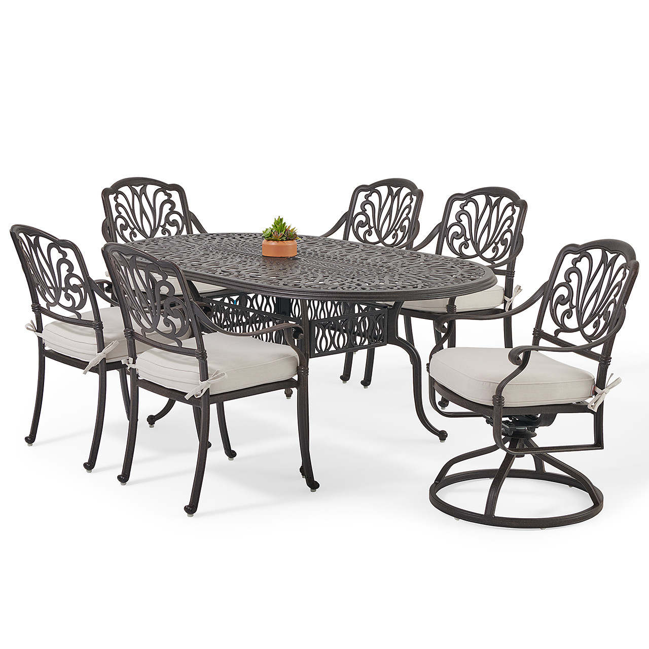 Cadiz Aged Bronze Cast Aluminum with Cushions 7 Piece Swivel Combo Dining Set + 72 x 42 in. Table