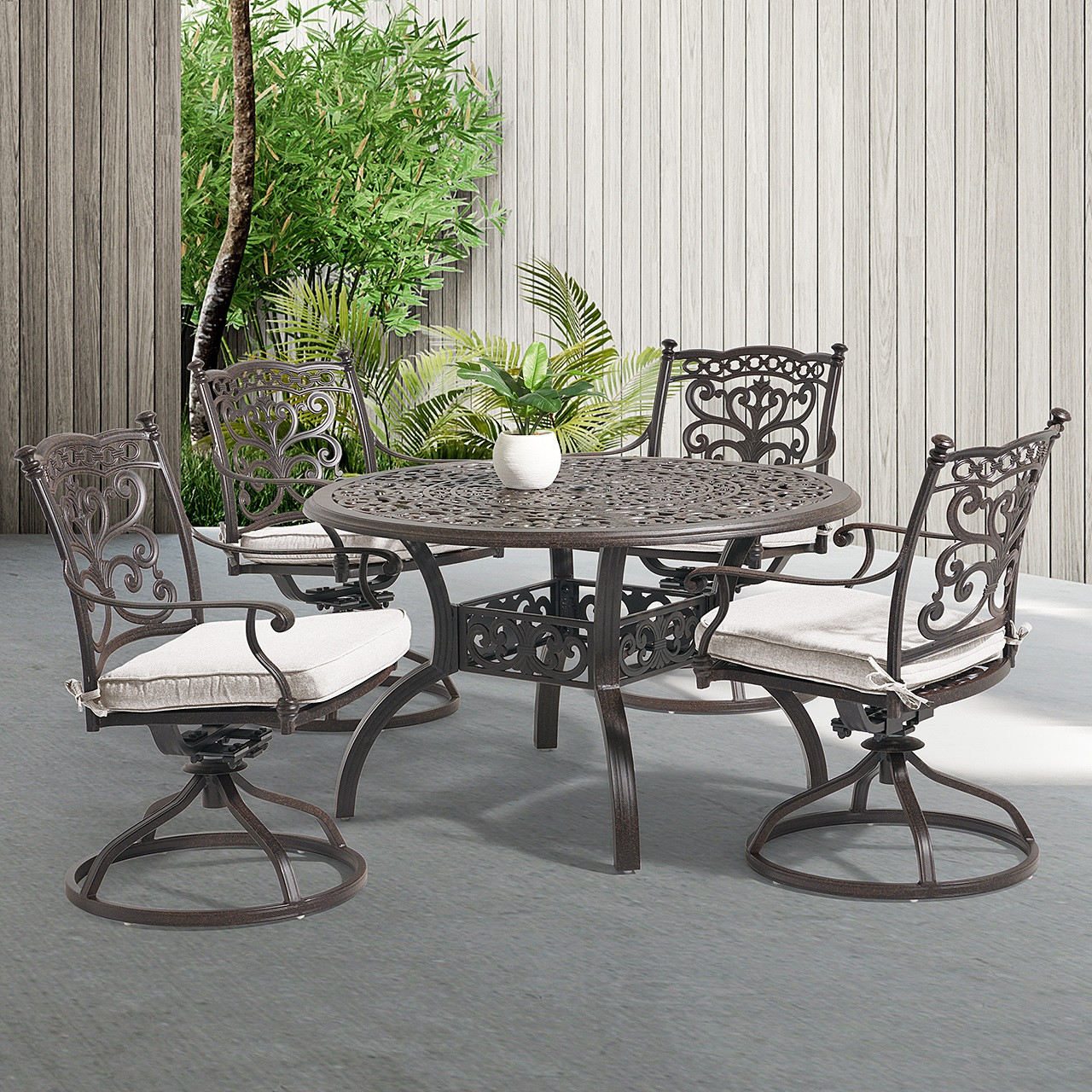 Milan Aged Bronze Cast Aluminum with Cushions Piece Swivel Rocker Dining Set 48 D Table