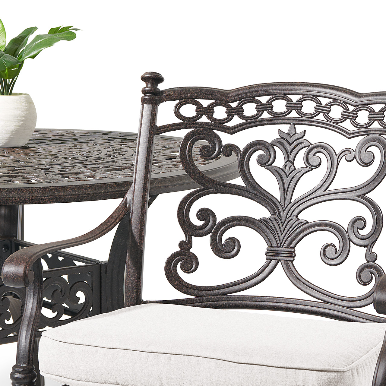 Milan Aged Bronze Cast Aluminum with Cushions 5 Piece Dining Set + 48 in. D Table