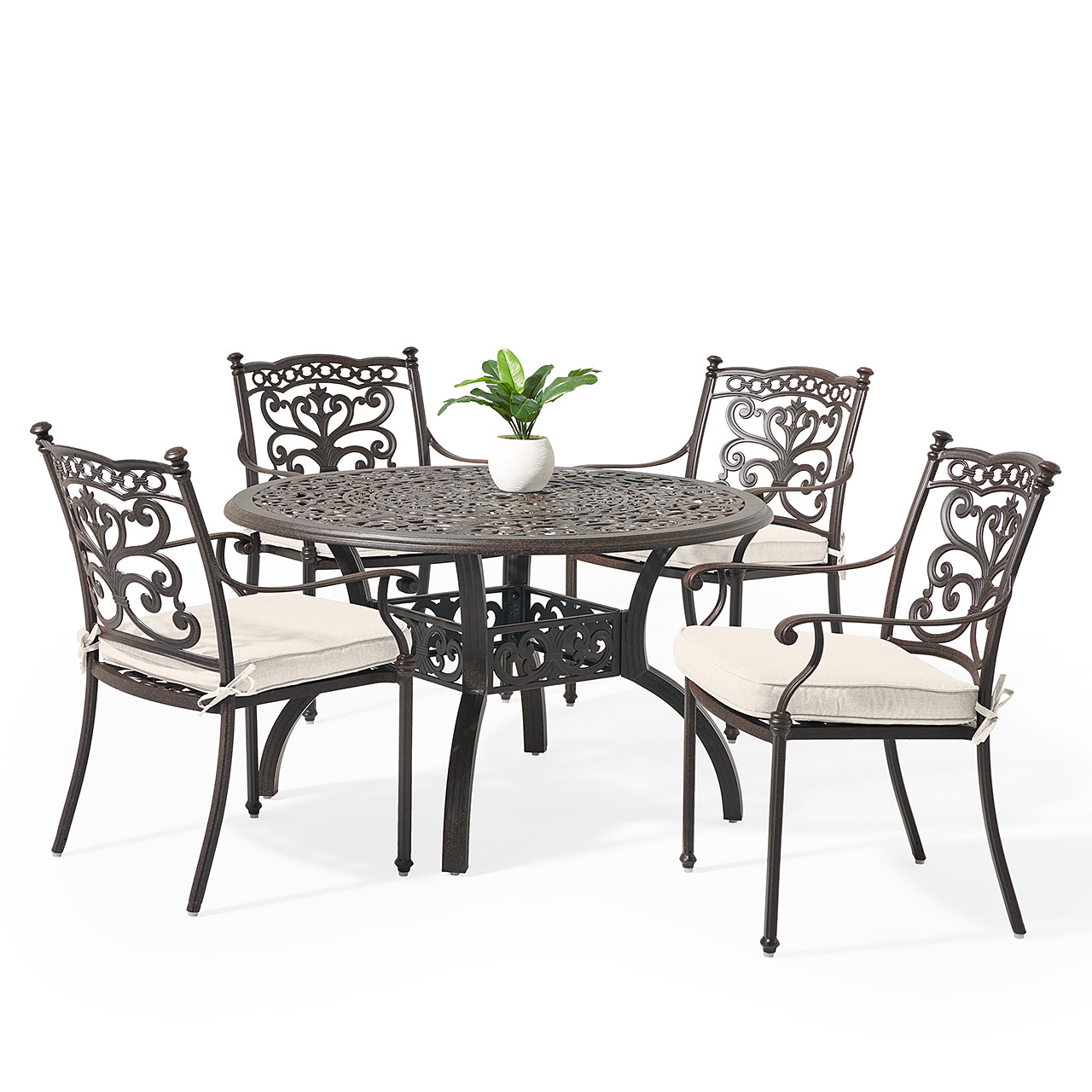 Milan Aged Bronze Cast Aluminum with Cushions 5 Piece Dining Set + 48 in. D Table