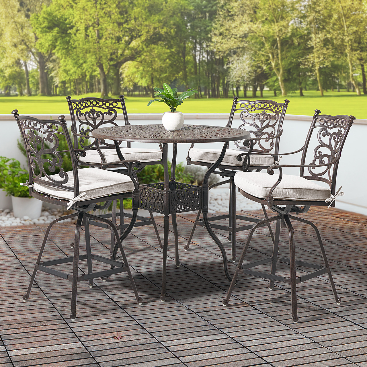 Milan Aged Bronze Cast Aluminum with Cushions 5 Piece Swivel Bar Set + 42 in. D Table