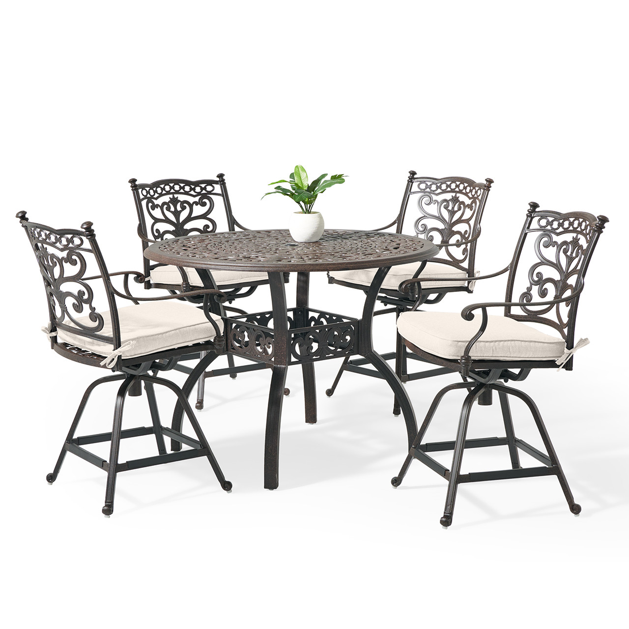 Milan Aged Bronze Cast Aluminum with Cushions 5 Piece Swivel Bar