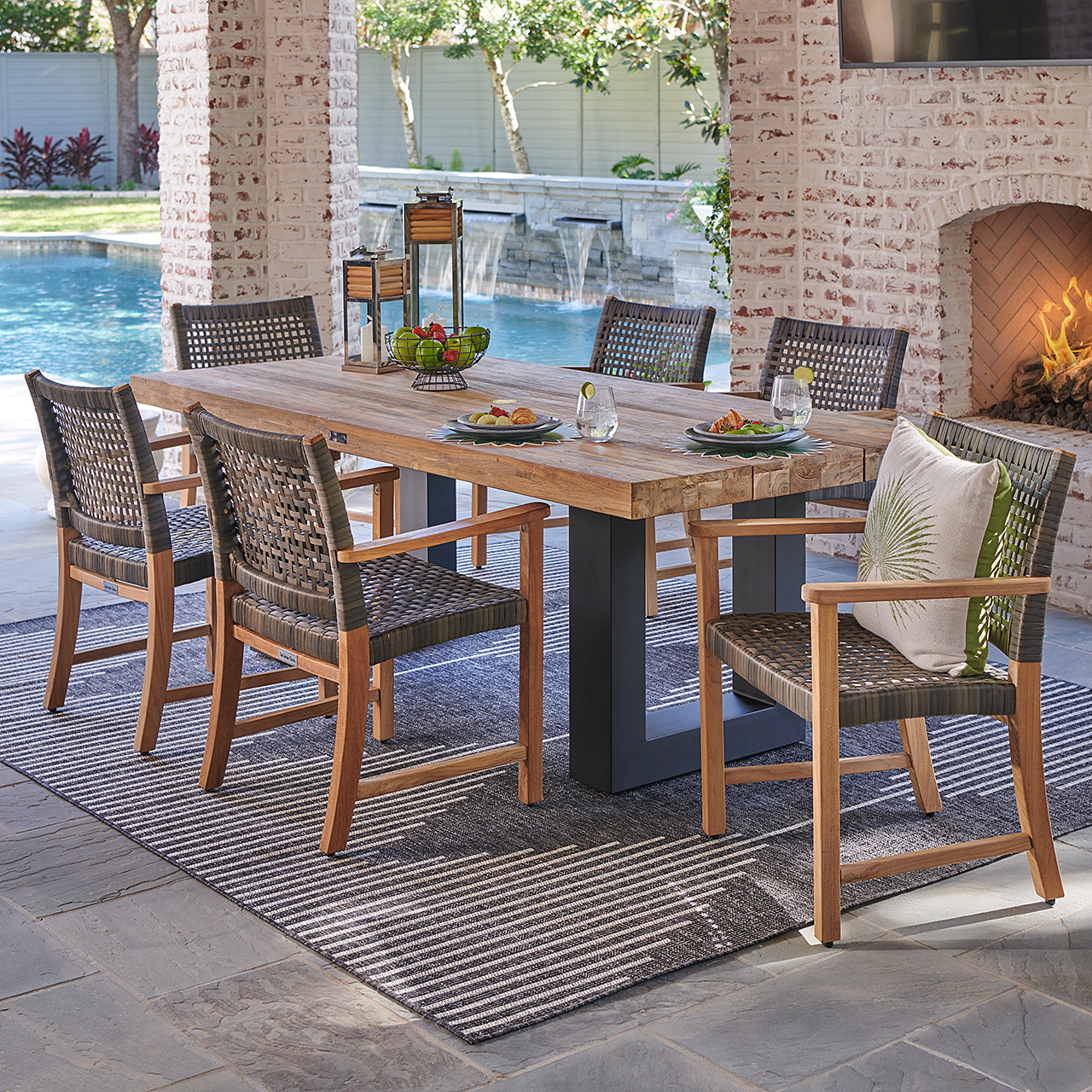 Hampton Driftwood Outdoor Wicker and Solid Teak 7 Piece Arm Dining Set with 87 x 40 in. Table