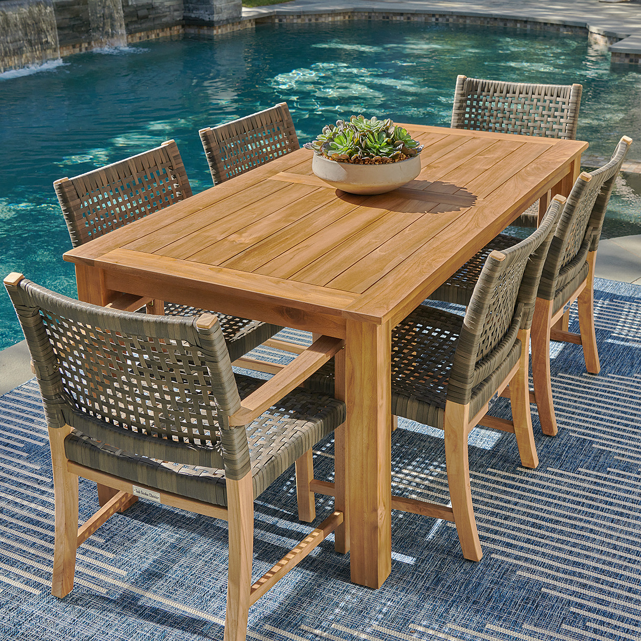 Hampton Driftwood Outdoor Wicker and Solid Teak 7 Piece Combo Dining Set with 71 x 36 in. Table