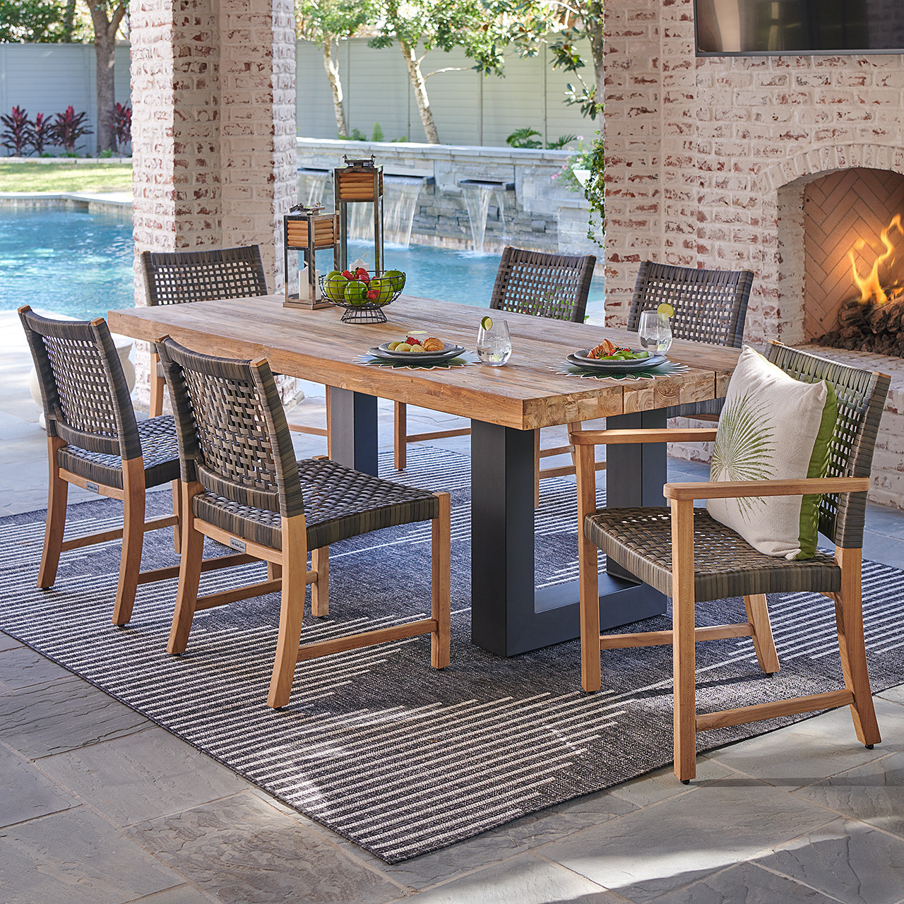 US.ガーデンチェアセット Hampton Driftwood Outdoor Wicker and Solid Teak 7 Piece Combo