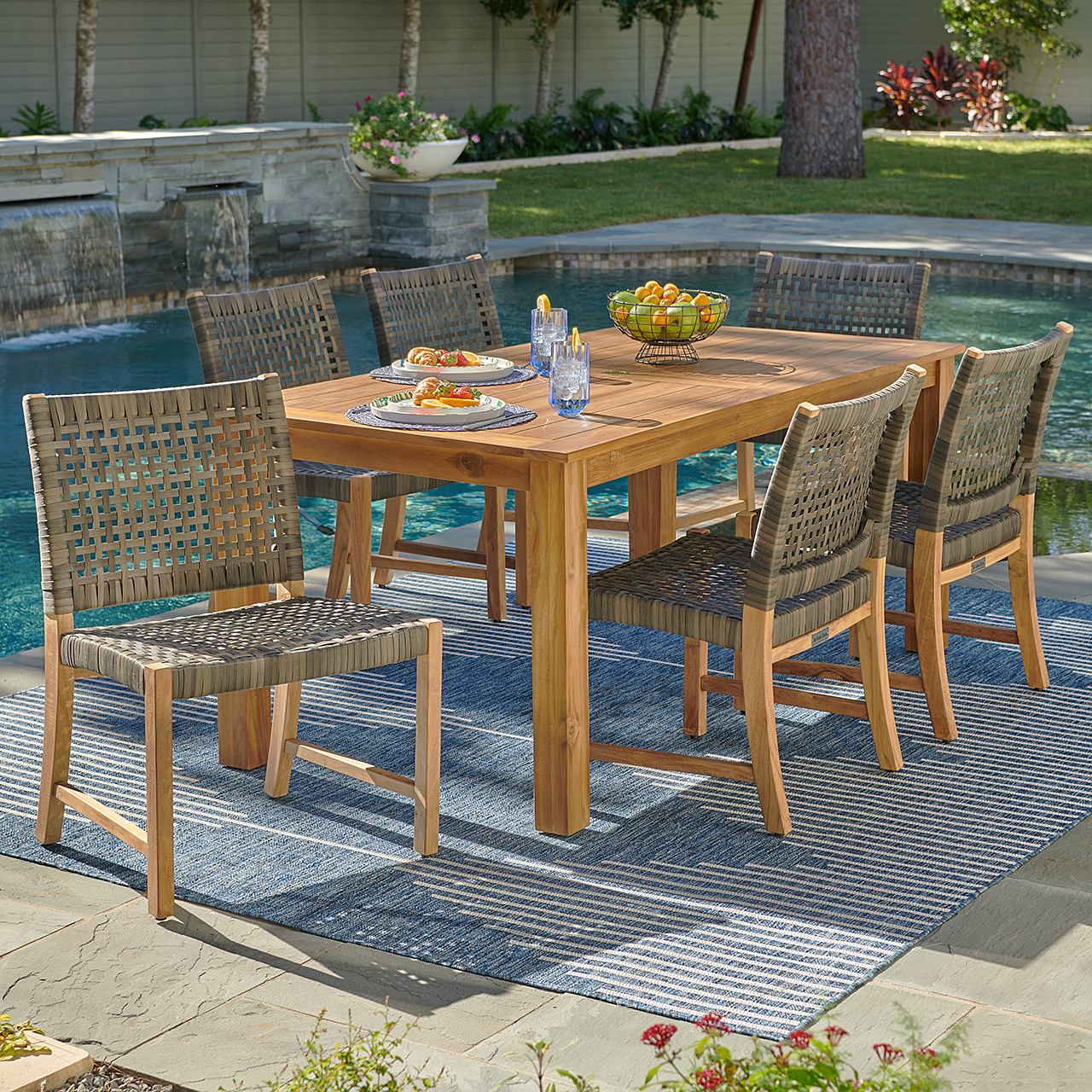 Hampton Driftwood Outdoor Wicker and Solid Teak 7 Piece Side Dining Set with 71 x 36 in. Table