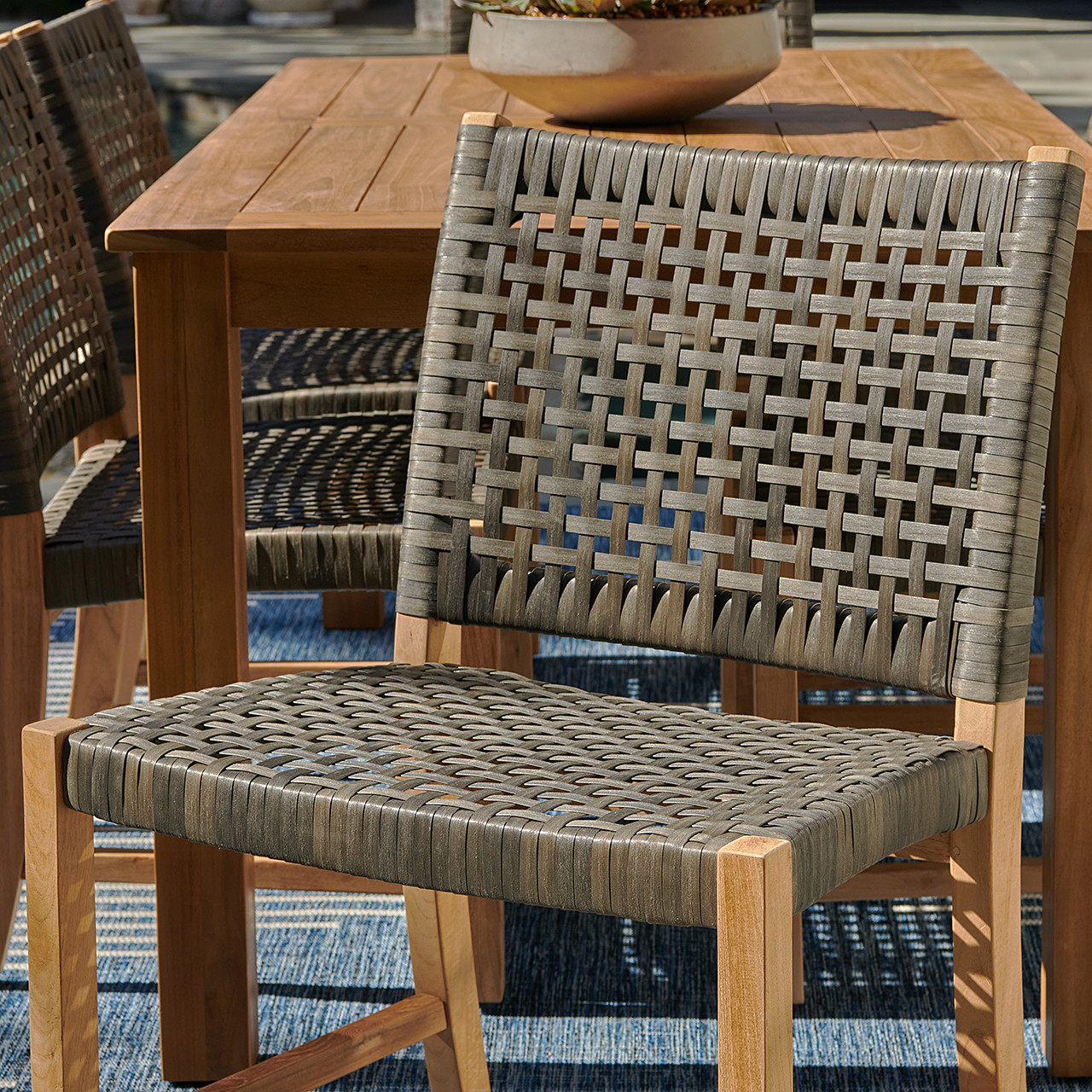 Hampton Driftwood Outdoor Wicker and Solid Teak 7 Piece Side Dining Set with 71 x 36 in. Table