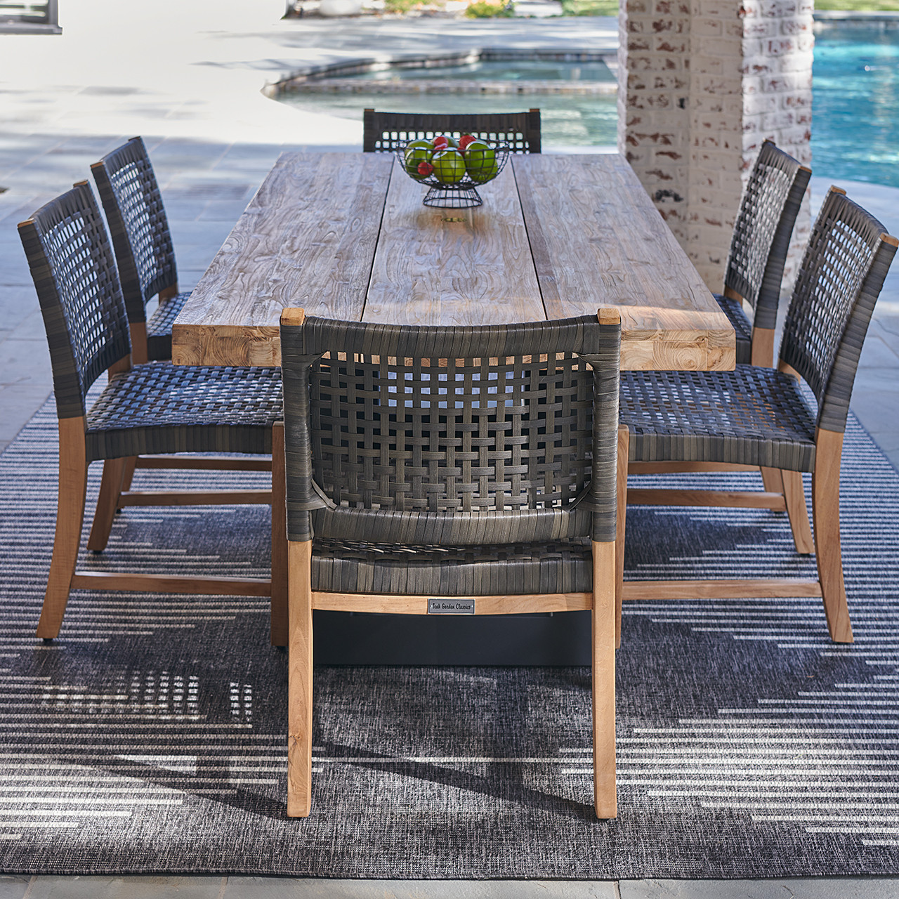 Hampton Driftwood Outdoor Wicker and Solid Teak 7 Piece Side Dining Set with 87 x 40 in. Table