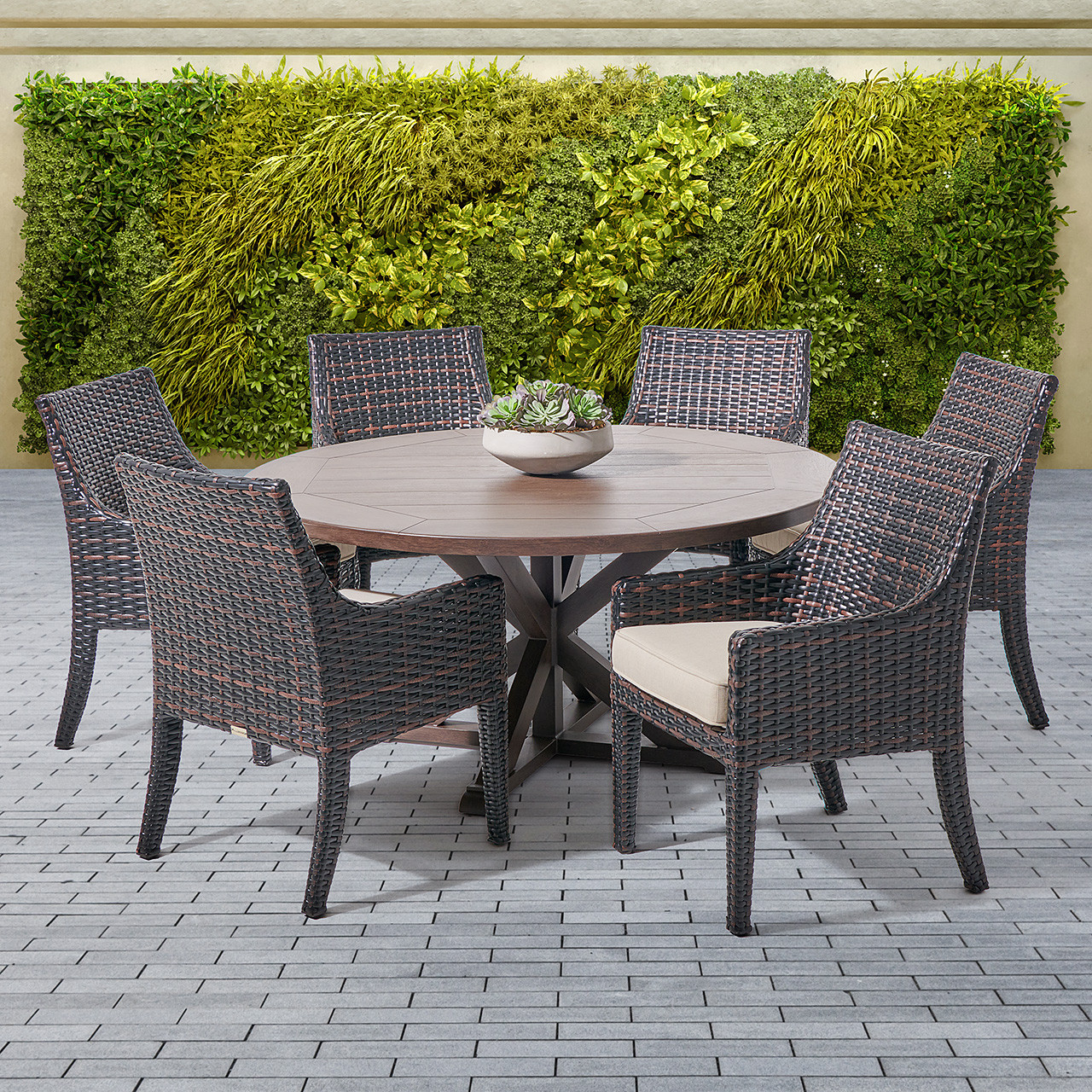 Tangiers Canola Seed Outdoor Wicker with Cushions 7 Piece Arm Dining Set + 60 in. D Table