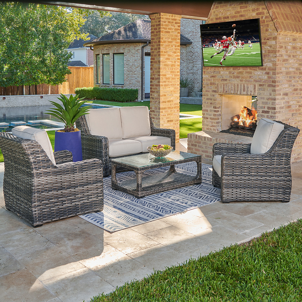 Tangiers Canola Seed Outdoor Wicker with Cushions 4 Piece Swivel Loveseat Group + 46 x 26 in. Glass Top Coffee Table