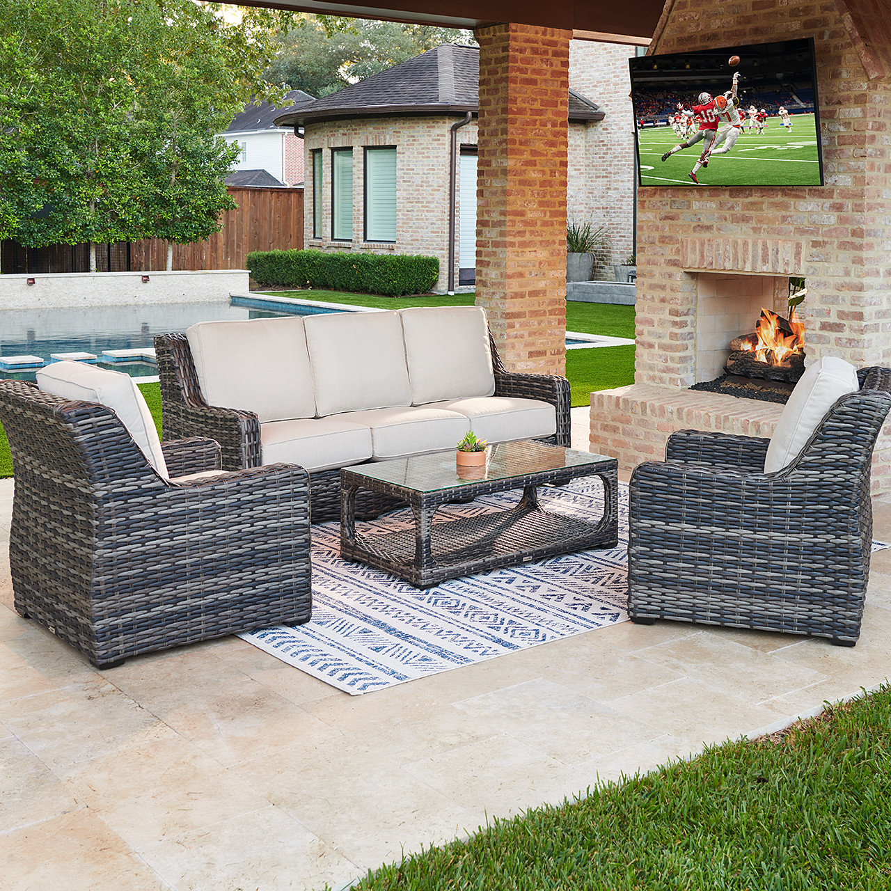 Tangiers Canola Seed Outdoor Wicker with Cushions 4 Piece Sofa Group + 46 x 26 in. Glass Top Coffee Table