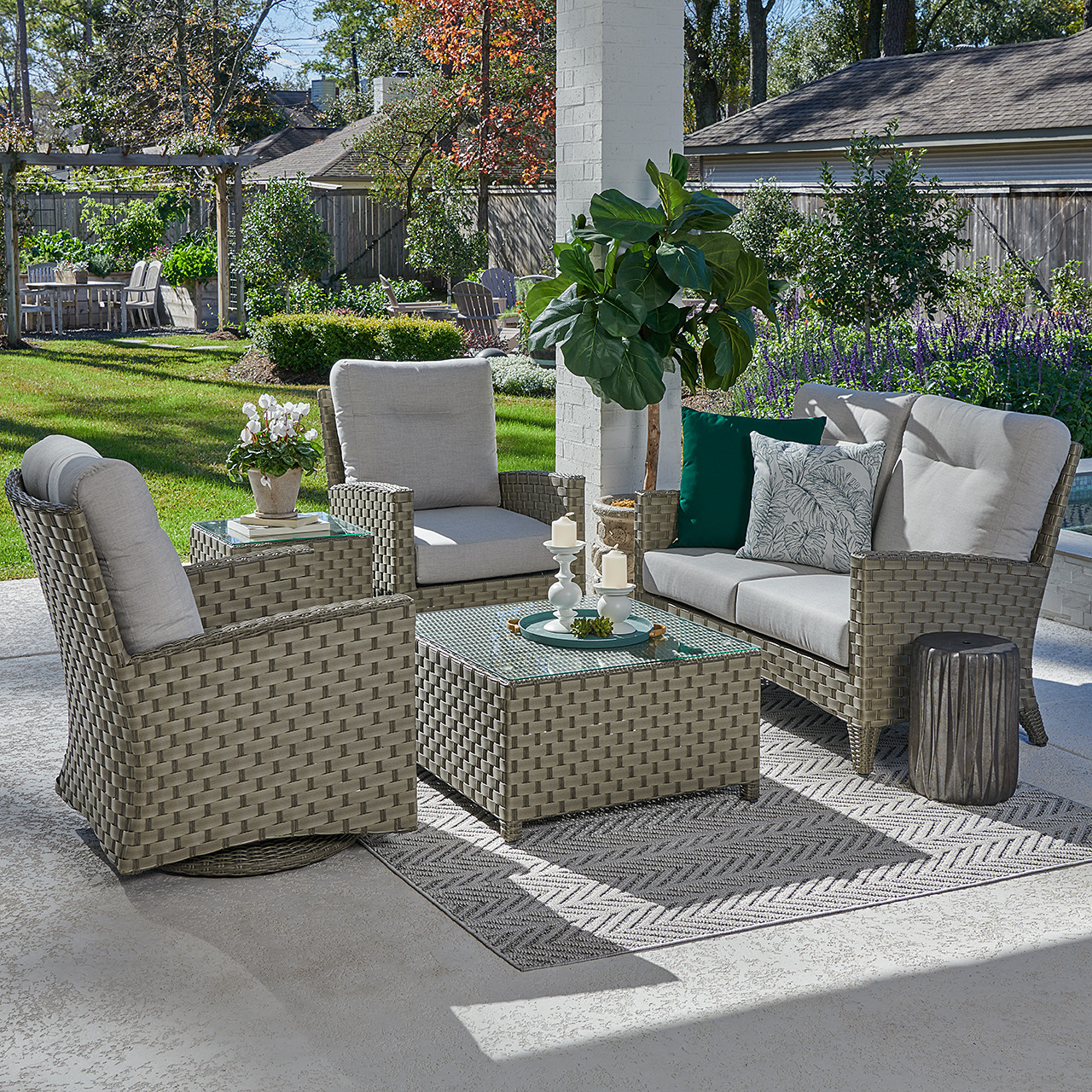 Gramercy Outdoor Wicker with Cushions 4 Piece Swivel Loveseat Set + 32 in. Sq. Coffee Table