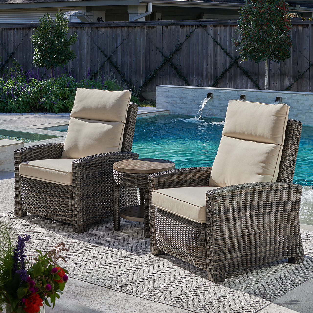 Rio Silver Oak Outdoor Wicker with Cushions 3 Piece Recliner Set + 20 in. D End Table