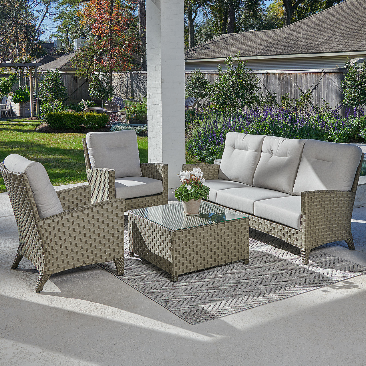 Gramercy Outdoor Wicker with Cushions 4 Piece Sofa Set + 32 in. Sq. Coffee Table