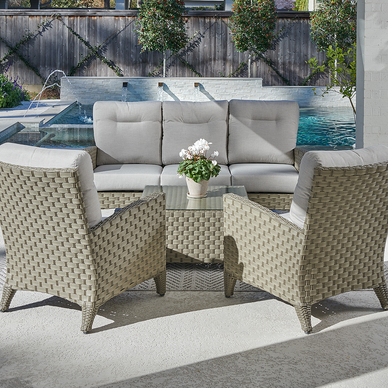 Gramercy Outdoor Wicker with Cushions 4 Piece Sofa Set + 32 in. Sq. Coffee Table