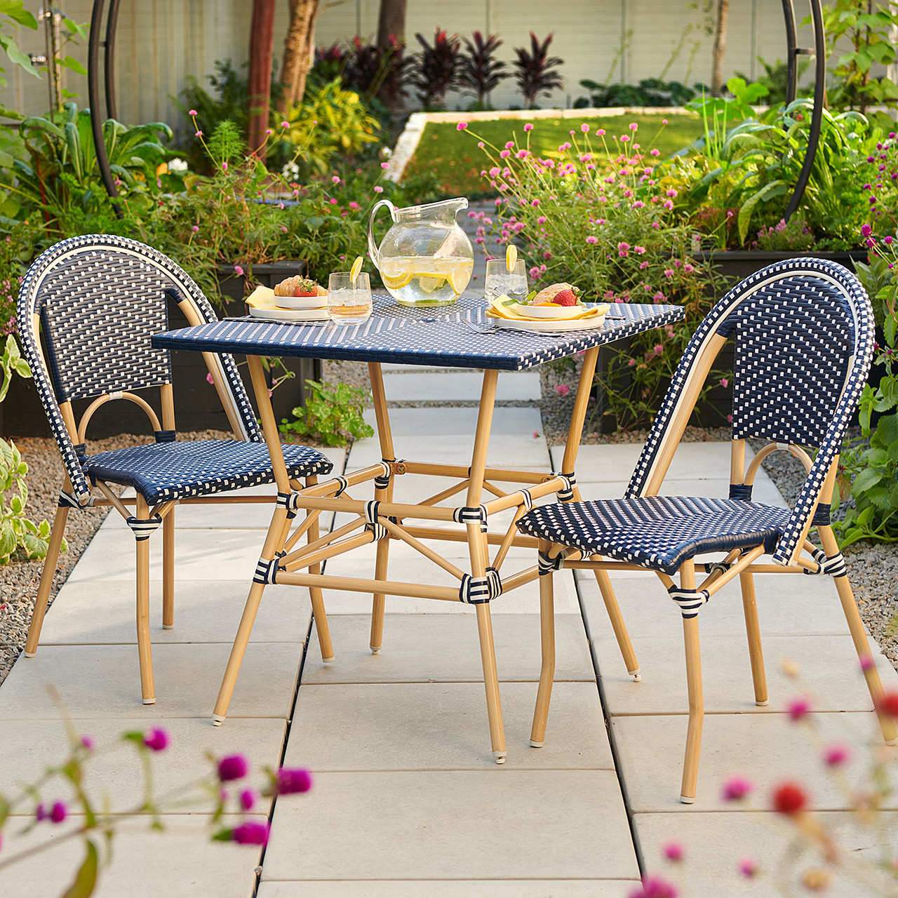 Parisian Cane Aluminum with Outdoor Wicker 3 Piece Side Bistro Set 30 in. Sq. Table