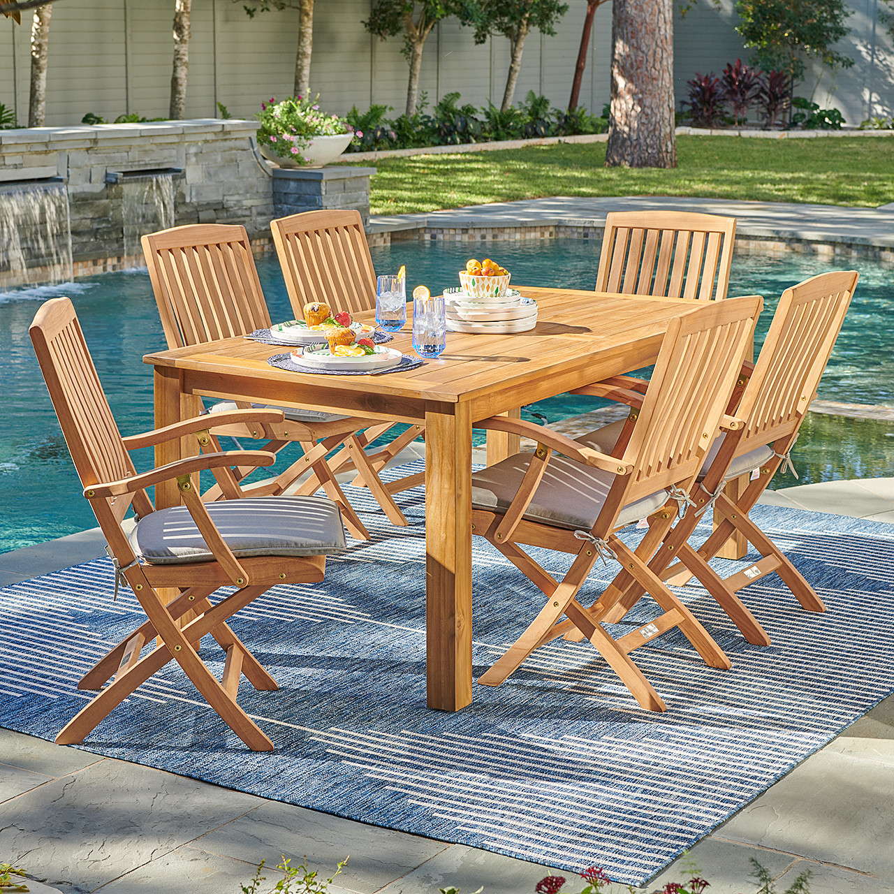 Westport Teak with Cushions 7 Piece Arm Dining Set + Oxford 71 x 36 in. Table