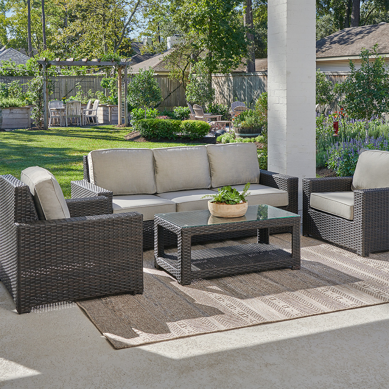 San Lucas Outdoor Wicker with Cushions 4 Piece Sofa Group + 43 x 23 in. Coffee Table