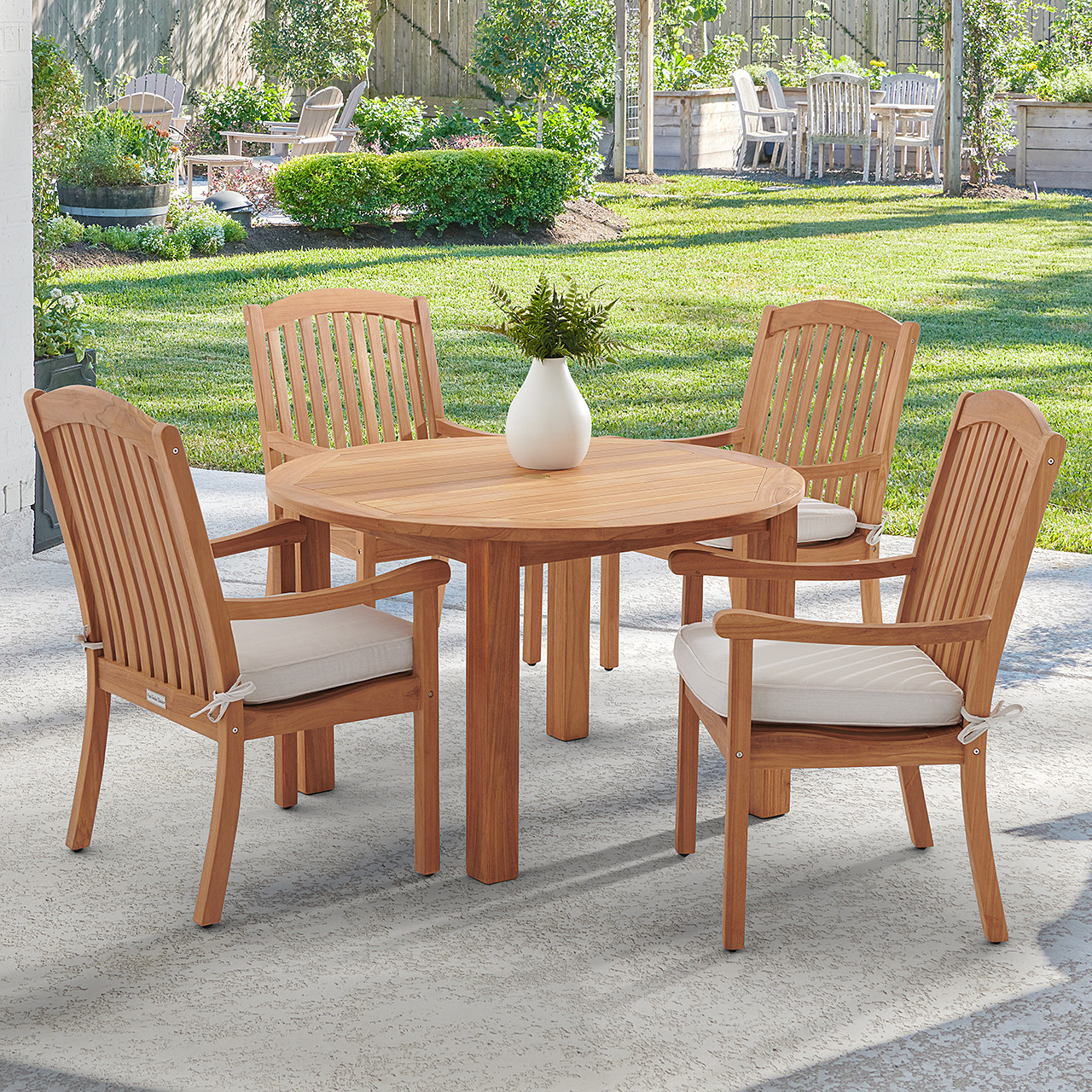 Eastchester Teak with Cushions 5 Piece Dining Set + Oxford 48 in. D Table