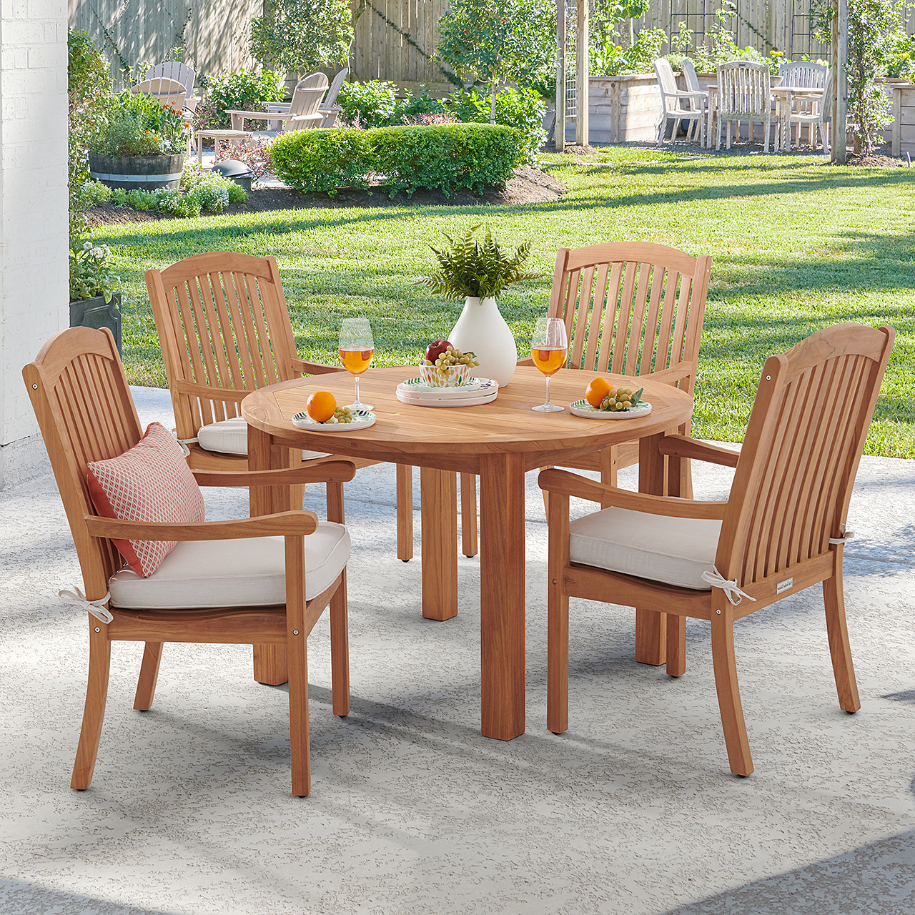 Eastchester Teak with Cushions 5 Piece Dining Set + Oxford 48 in. D Table