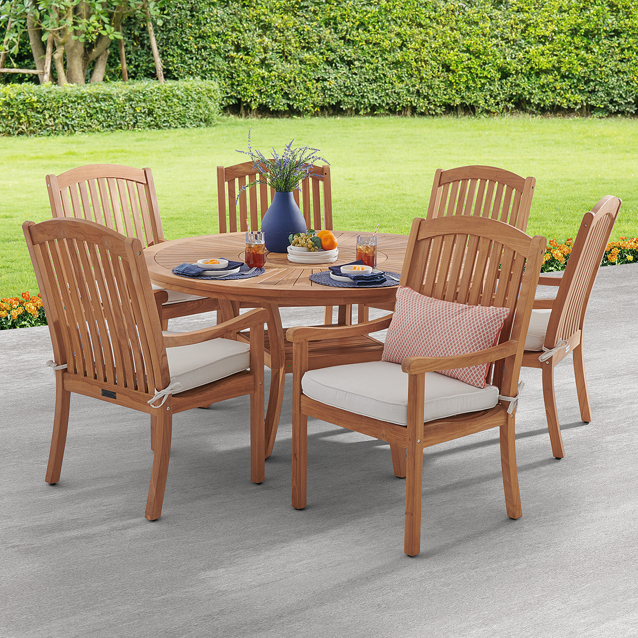 Eastchester Teak with Cushions 7 Piece Dining Set + Bristol 59 in. D Table