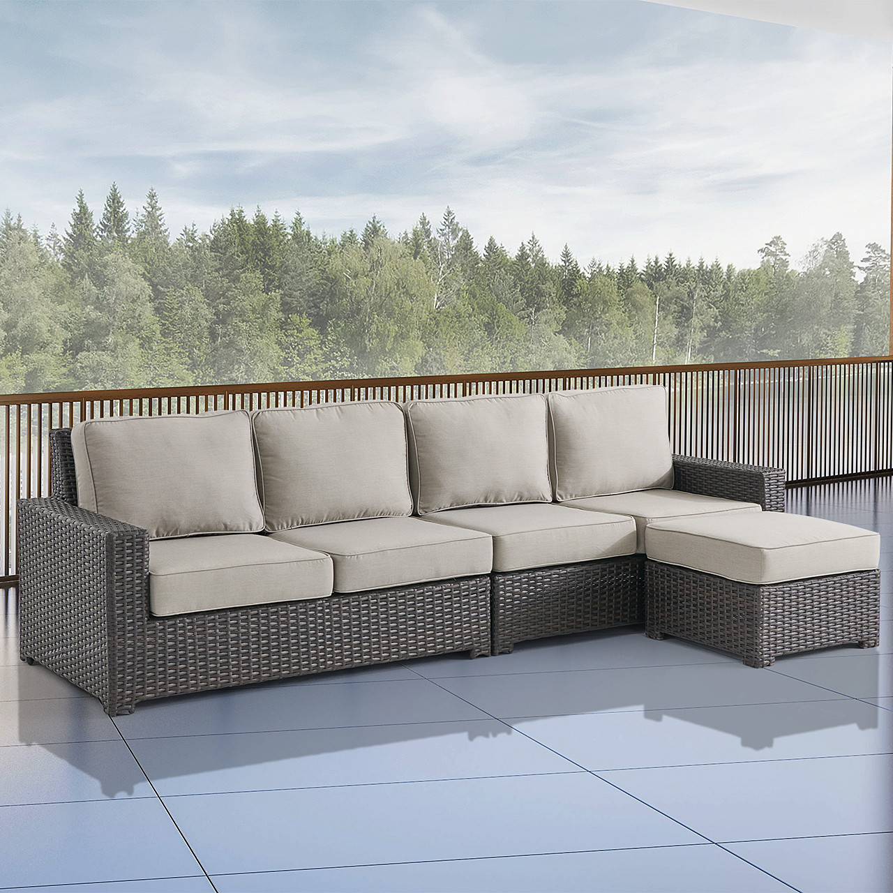 San Lucas Dark Elm Outdoor Wicker with Cushions 3 Piece Sectional Group + 22.75 in. Rect. Ottoman