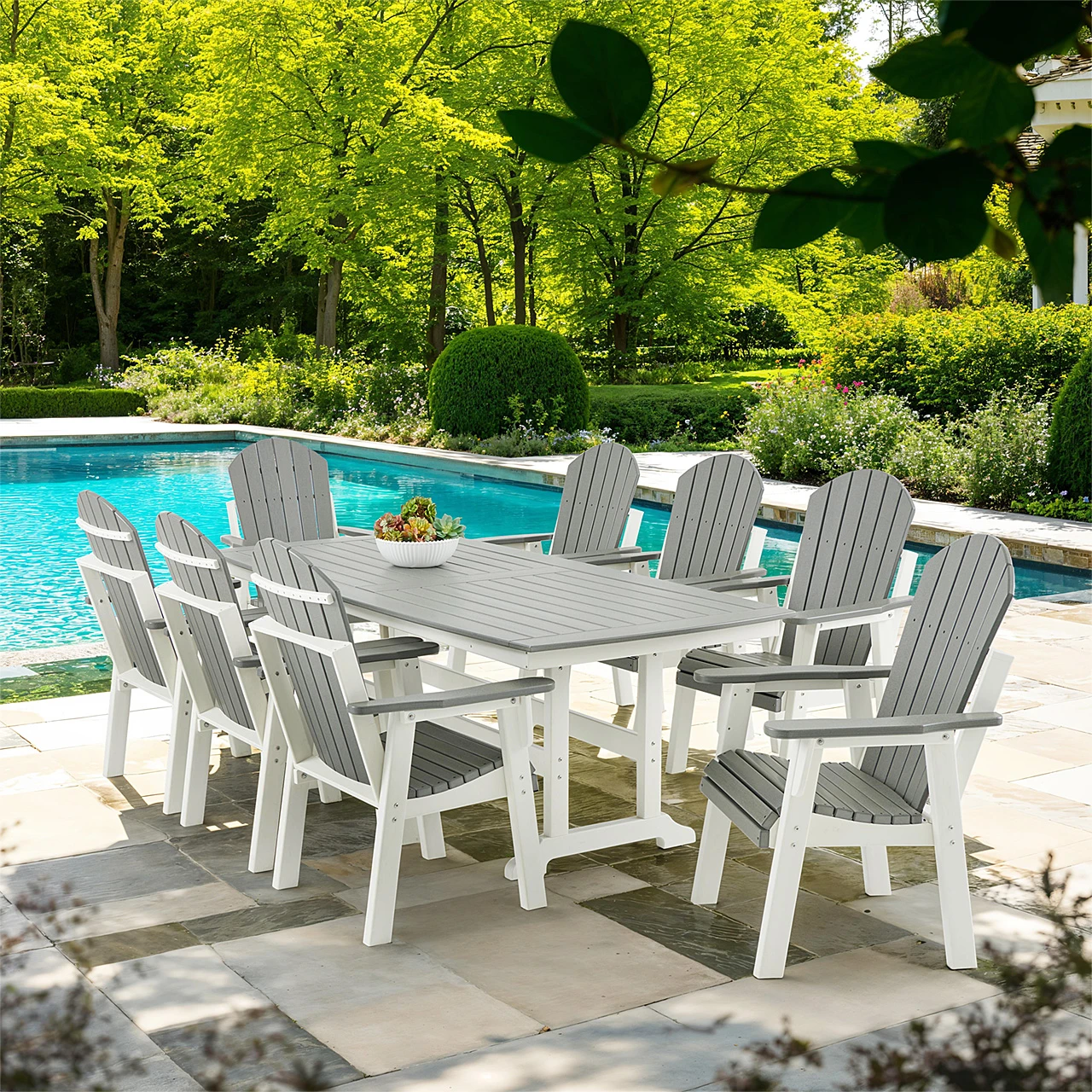 Farmhouse Polymer 9 Piece Dining Set + 96 x 42 in. Slat Top Table