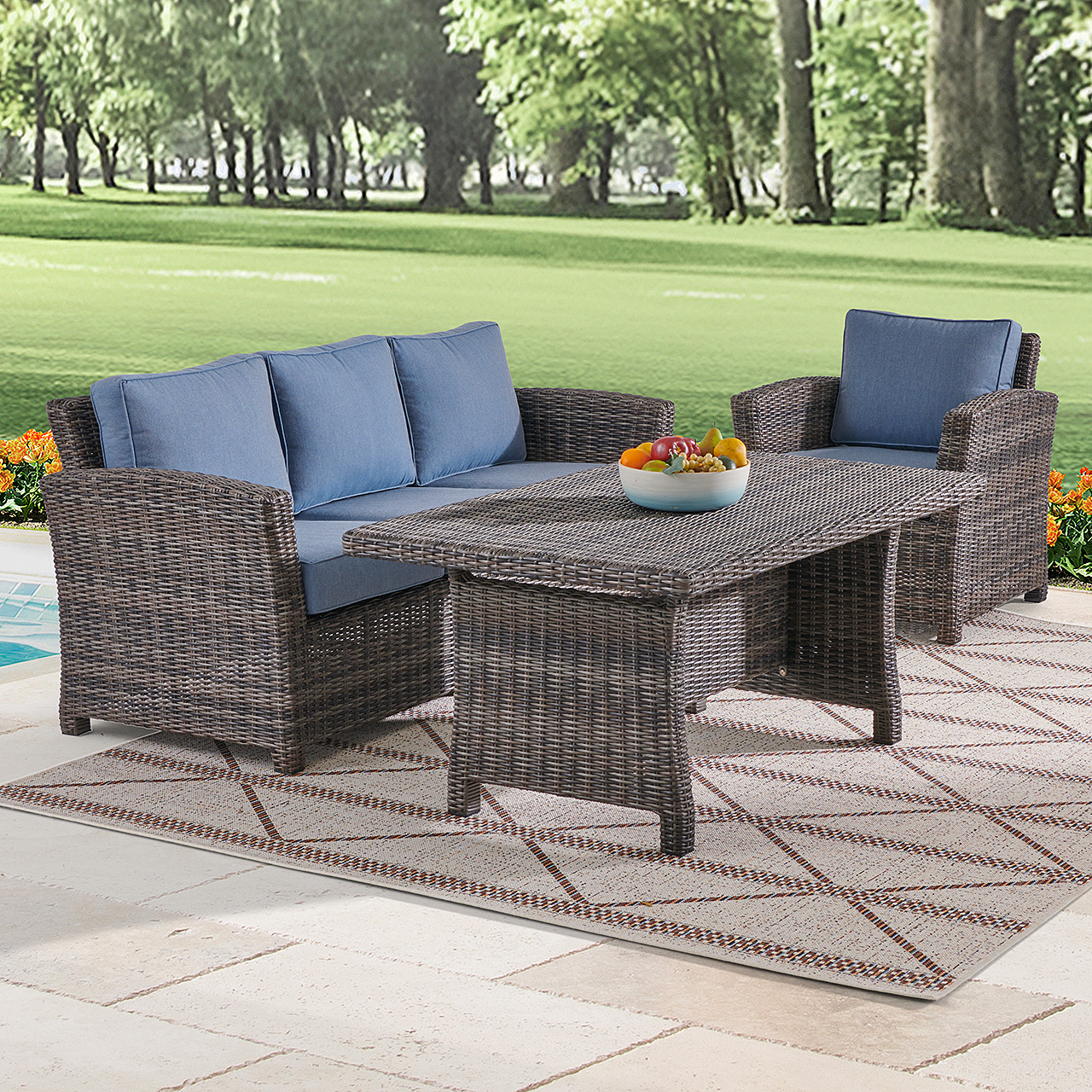 Venice Silver Oak Outdoor Wicker with Cushions 3 Piece Sofa Group + 59 x 32 in. Woven Top Lounge Table