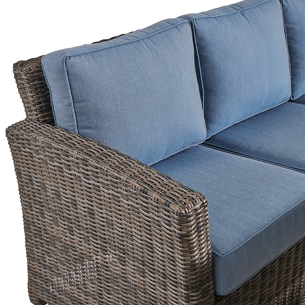 Venice Silver Oak Outdoor Wicker with Cushions 3 Piece Sofa Group + 59 x 32 in. Woven Top Lounge Table