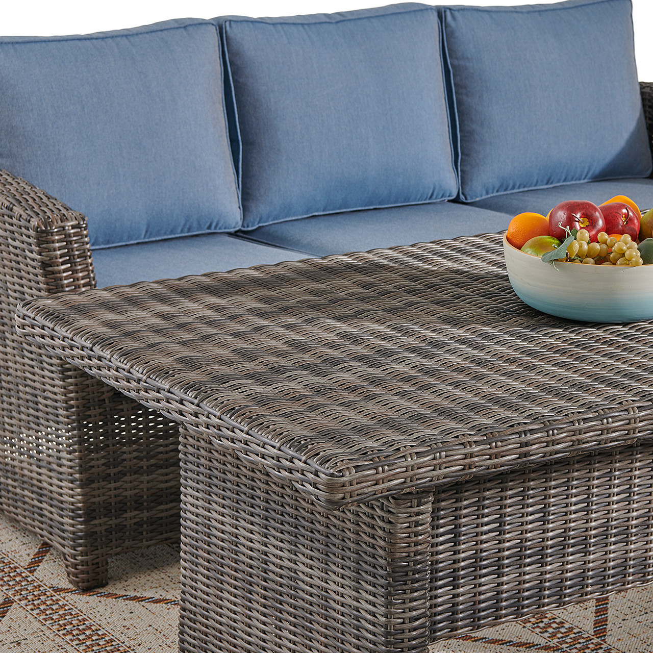Venice Silver Oak Outdoor Wicker with Cushions 3 Piece Swivel Sofa Group + 59 x 32 in. Woven Top Lounge Table