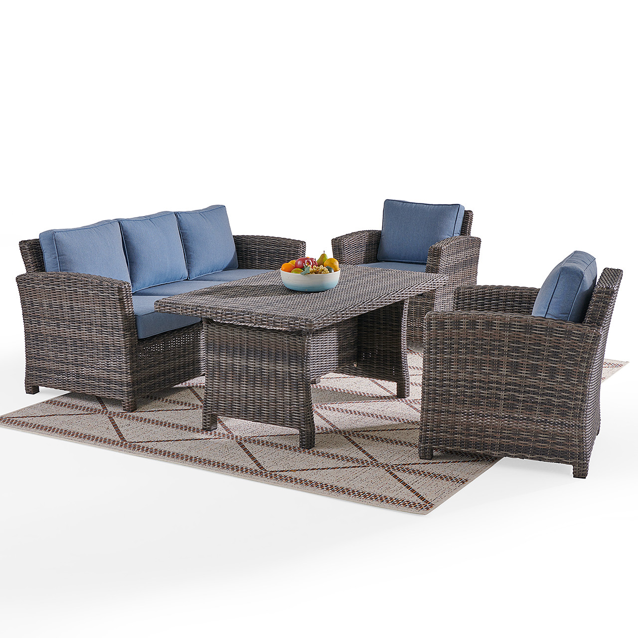 Venice Silver Oak Outdoor Wicker with Cushions 4 Piece Sofa Group + 59 x 32 in. Woven Top Lounge Table