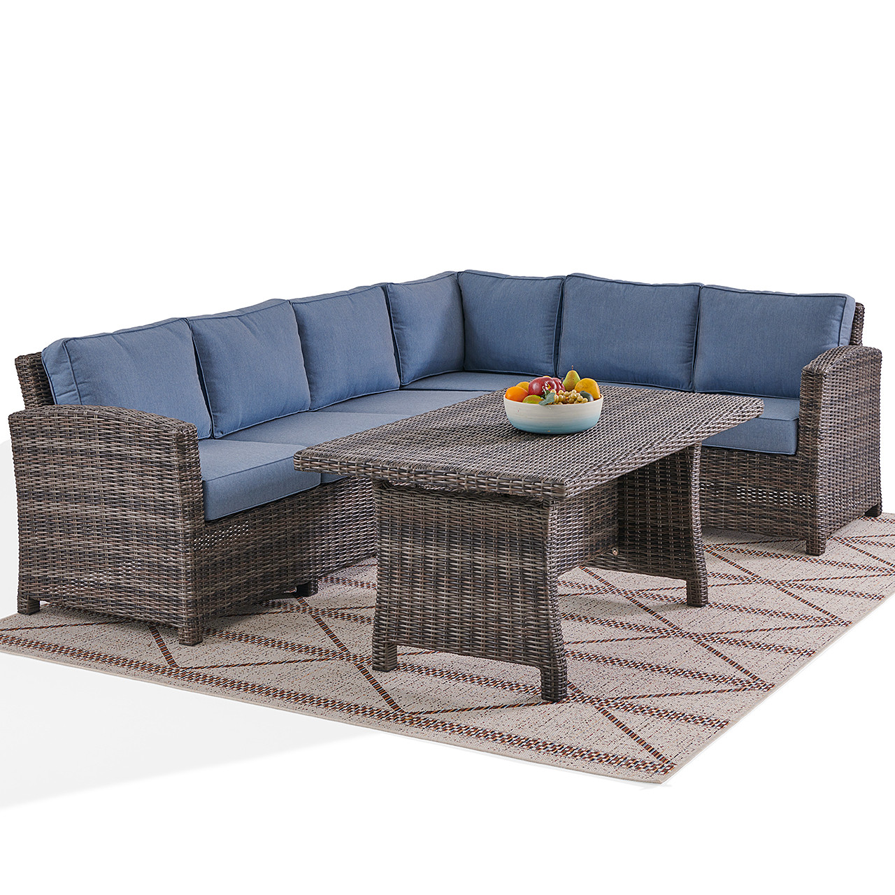 Venice Silver Oak Outdoor Wicker with Cushions 5 Piece Sectional + 59 x 32 in. Woven Top Lounge Table