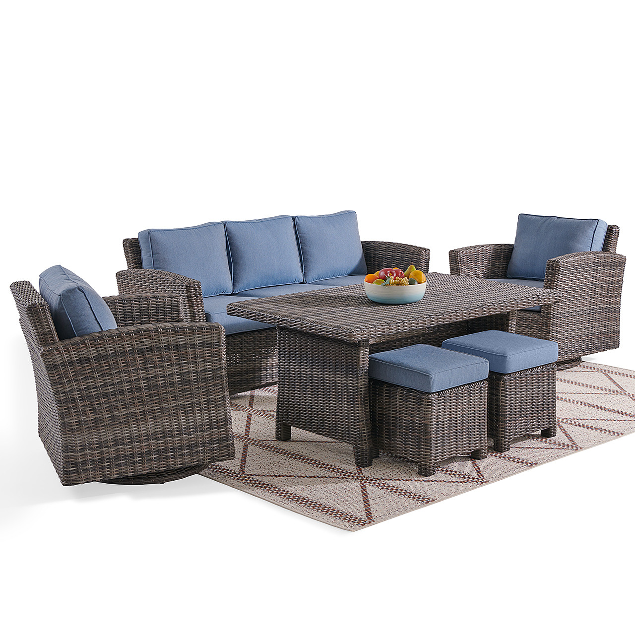 Venice Silver Oak Outdoor Wicker with Cushions 6 Piece Swivel Sofa Group + 59 x 32 in. Woven Top Lounge Table