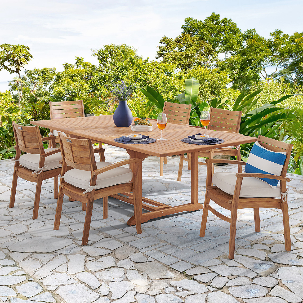 Warwick Teak with Cushions 7 Piece Dining Set + Bristol 67-87 x 47 in. Table