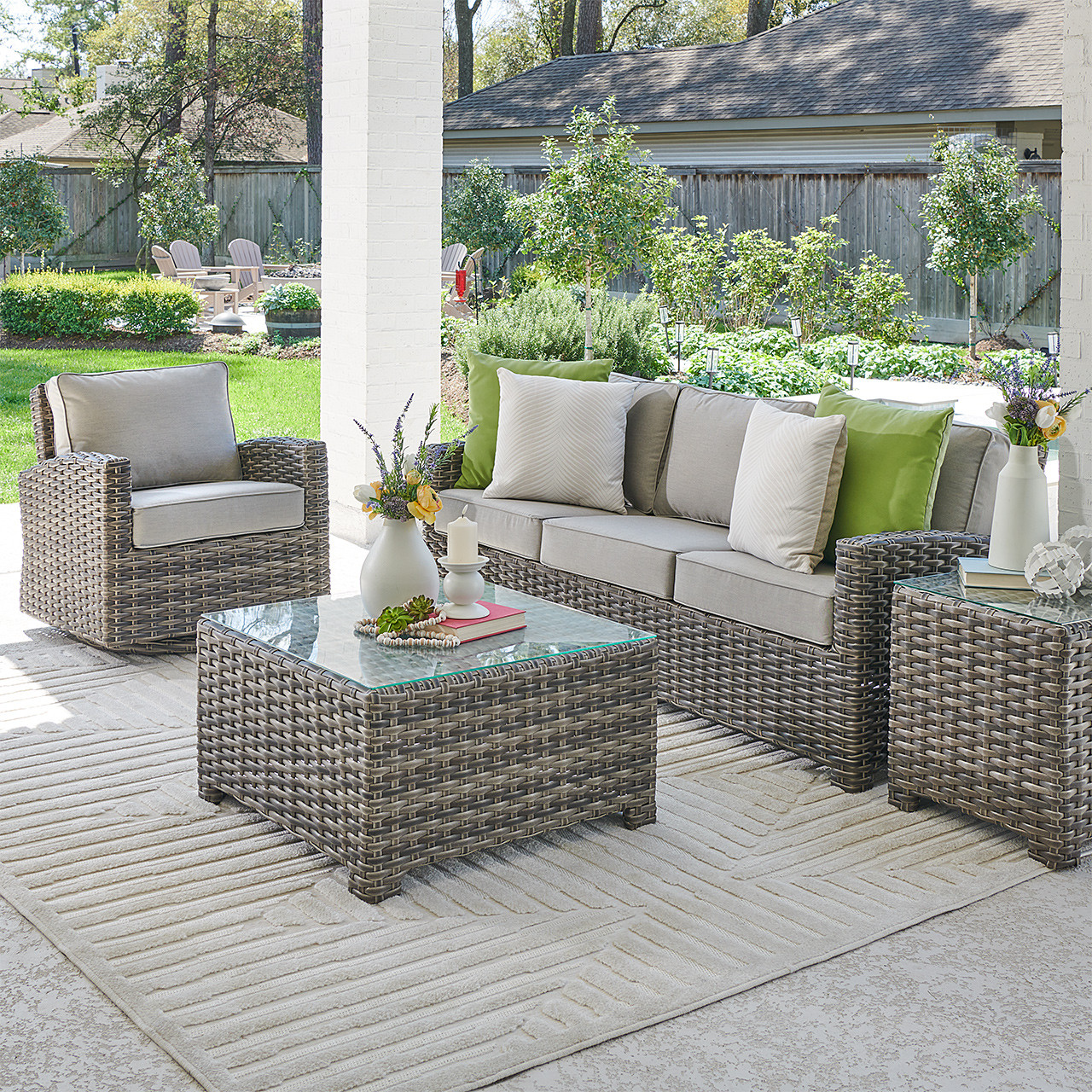 Contempo Husk Outdoor Wicker with Cushions 3 Piece Swivel Sofa Group + 32 in. Sq. Glass Top Coffee Table