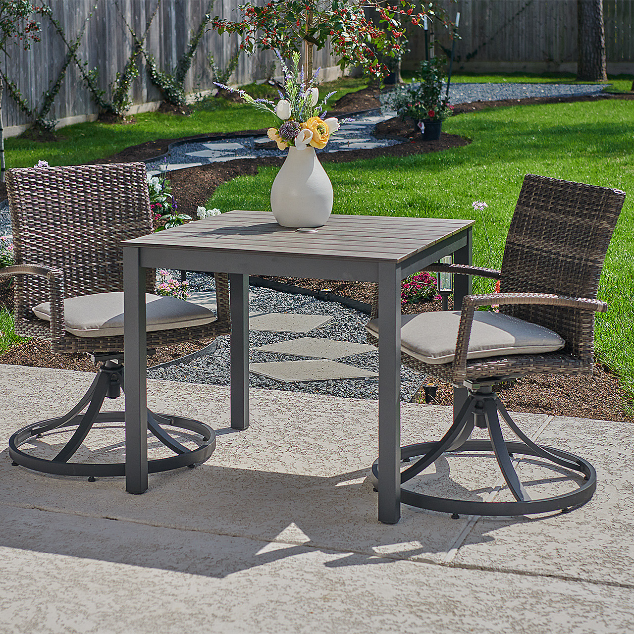 Contempo Husk Outdoor Wicker with Cushions 3 Piece Swivel Bistro Set + 33 in. Sq. Table