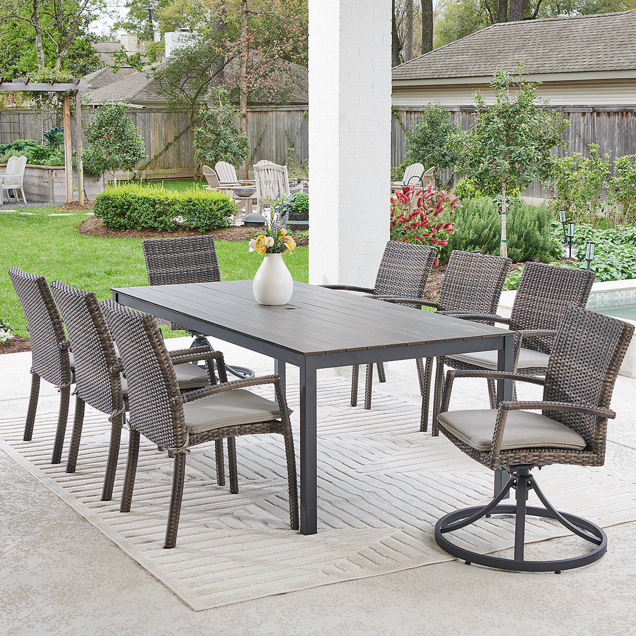 Contempo Husk Outdoor Wicker with Cushions 9 Piece Swivel Combo Dining Set + 83 x 41 in. Table