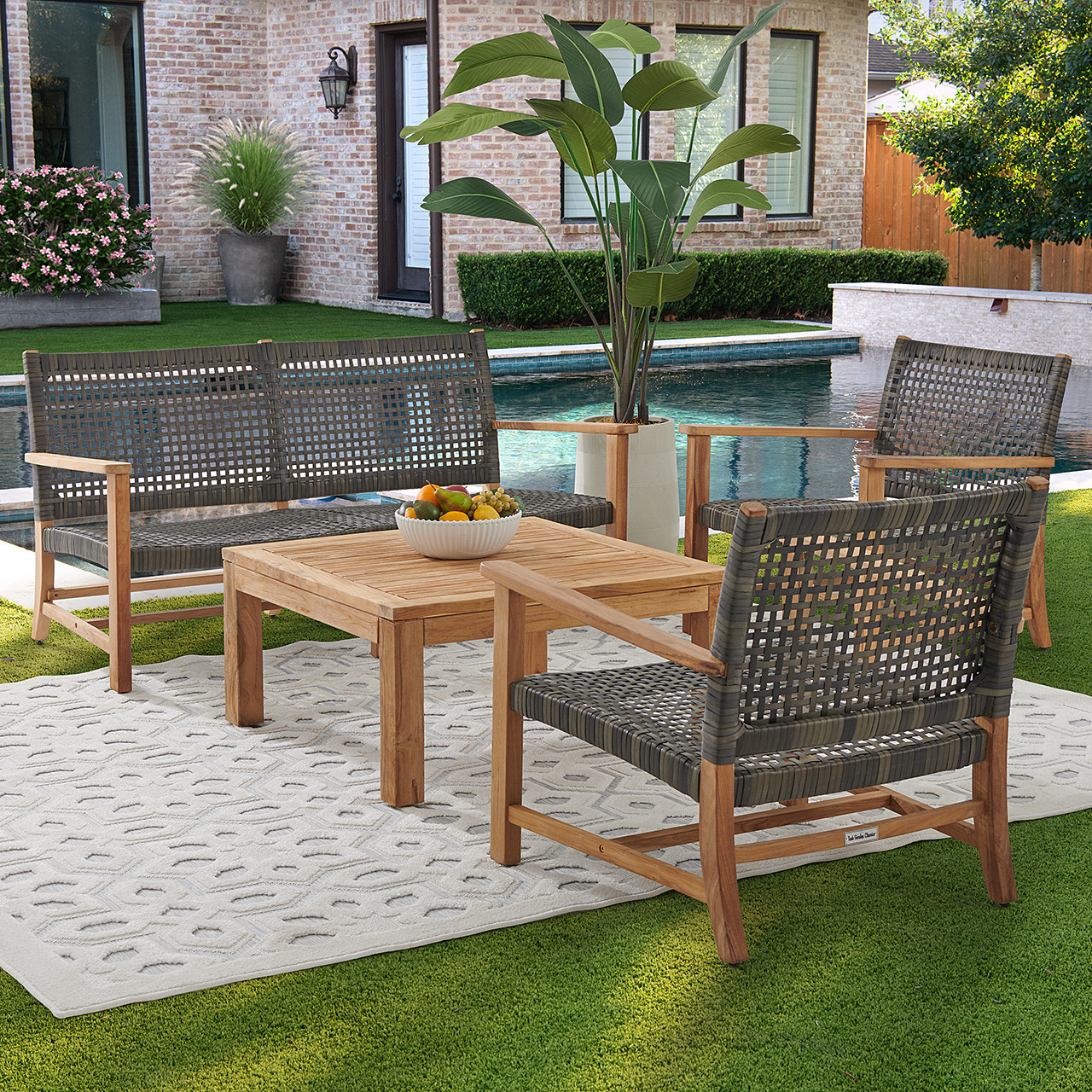 Hampton Driftwood Outdoor Wicker and Solid Teak 4 Piece Loveseat Group + 35 in. Sq. Coffee Table